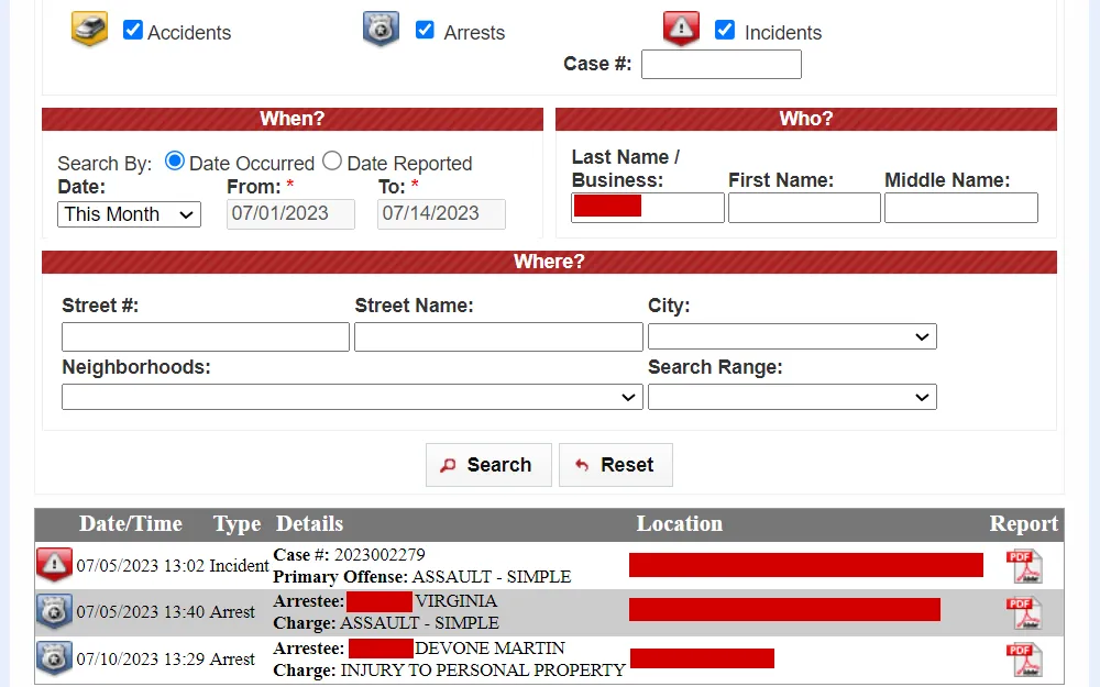 A screenshot of the Police-to-Citizen (P2C) search tool provided by the Apex Police Department that acts as a repository for incident and arrest information.