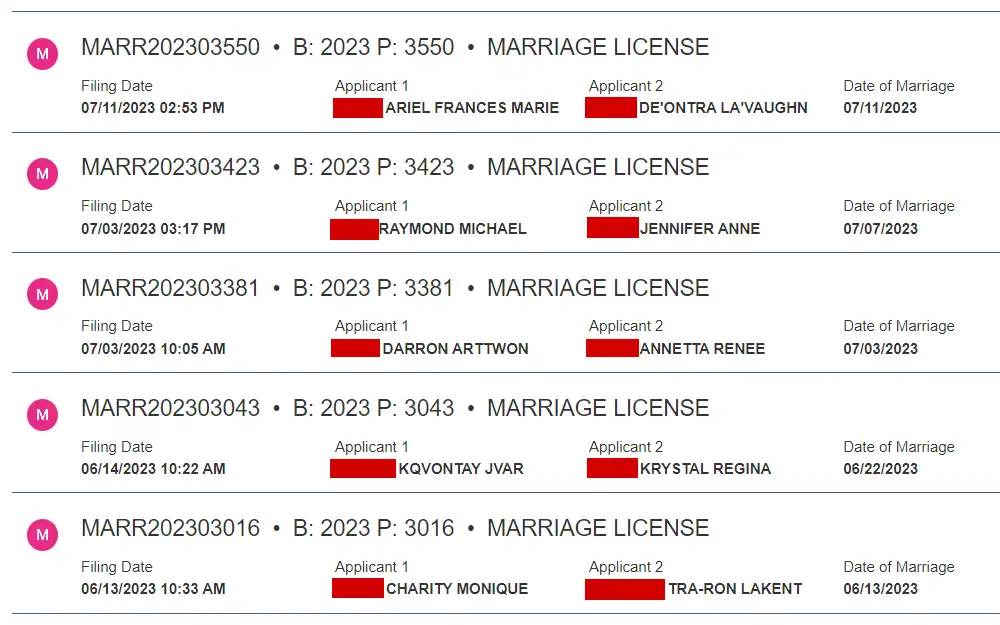 A screenshot of the certificate index provided by the Wake County Register of Deeds to search for marriage information from 1932 to the present.