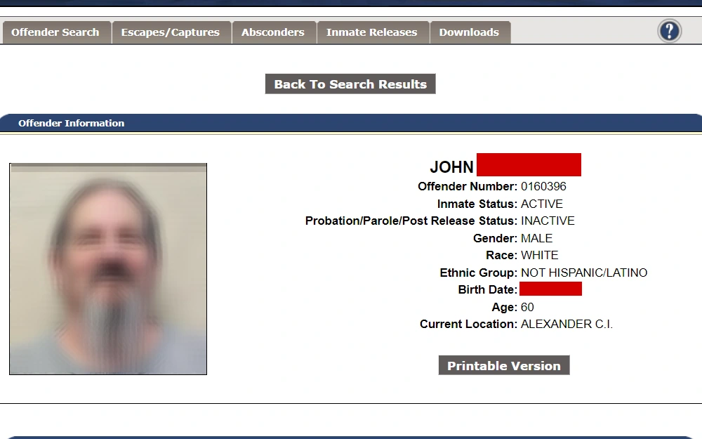 A screenshot of the North Carolina Department of Adult Corrections' offender search tool which can be used to search for people who are on probation specifically.
