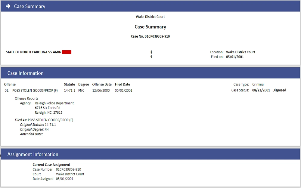A screenshot showing a case summary from the North Carolina Judicial Branch, Wake District Court website showing case information such as offense, statute, degree, offense date, filed date, case type, case status and others.
