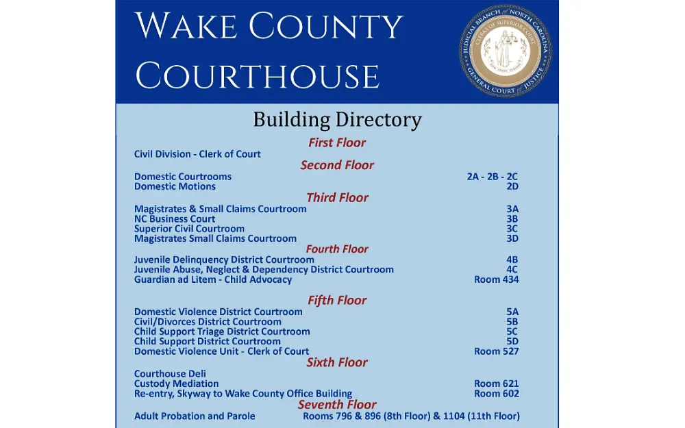 A screenshot displaying a Wake County Courthouse building directory showing details from the first floor to the seventh floor, such as civil division clerk of the court, domestic courtrooms, domestic motions and others.