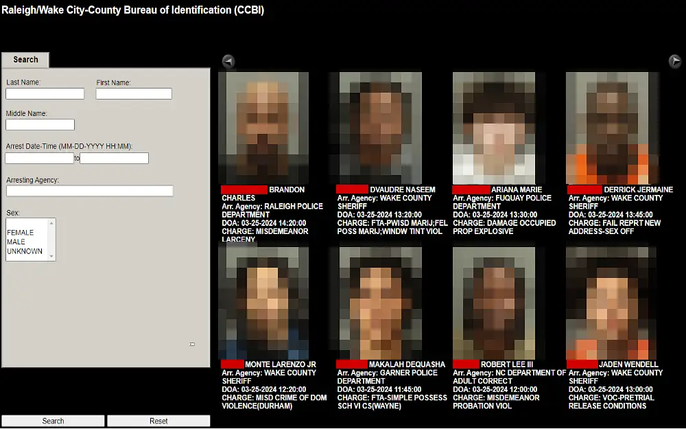 A screenshot of the mugshot search from the Raleigh/Wake City-County Bureau of Identification website, showing search criteria such as last name, first and middle name, arrest date and time, arresting agency and sex, and a search and reset icon at the bottom.