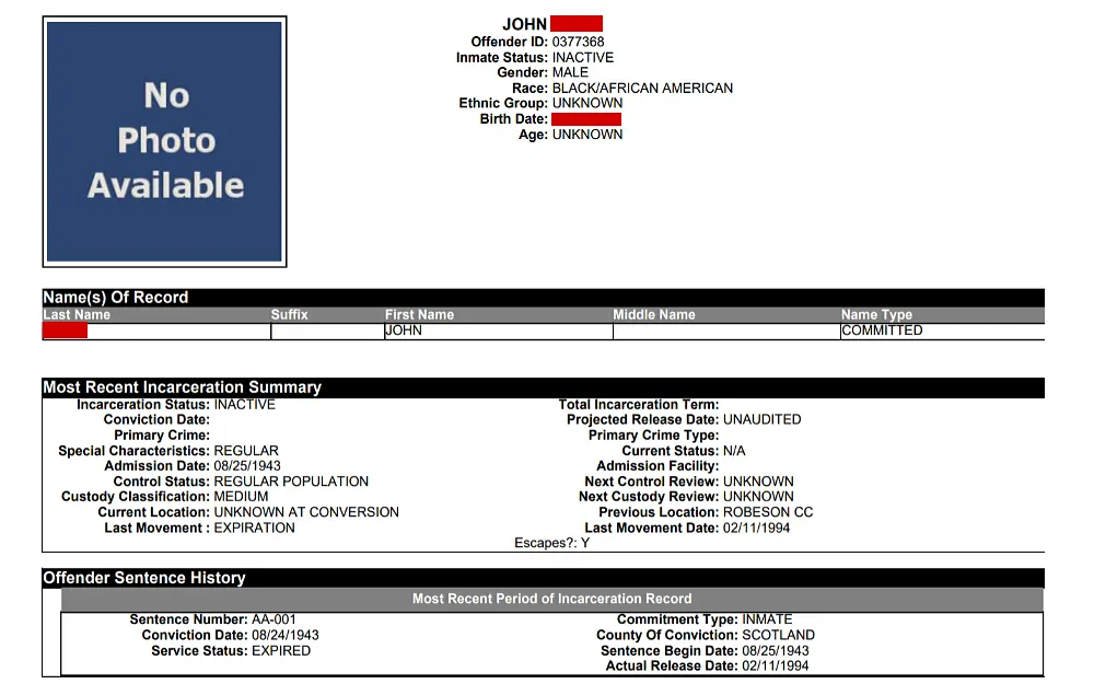 A screenshot from the North Carolina Department of Adult Correction website showing an offender's information, including a photo, if available, complete name, offender ID, inmate status, gender, race, ethnic group, birth date, age, name of records, most recent incarceration summary, and offender sentence history.