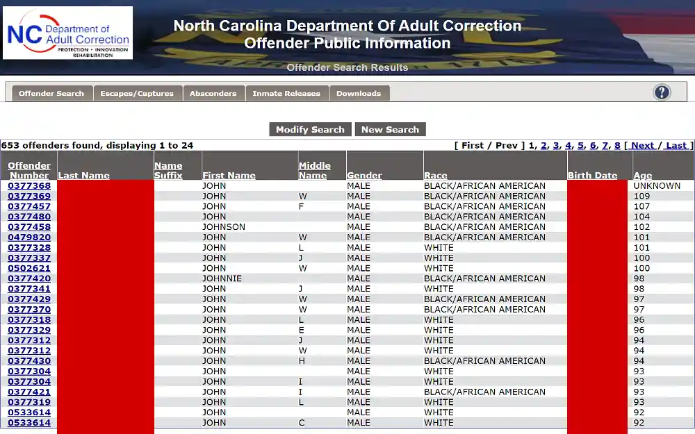 A screenshot displaying an offender's public information search results showing a list including details such as offender number, last name, name suffix, first name, middle name, gender, race, birth date and age from the North Carolina Department of Adult Correction website.