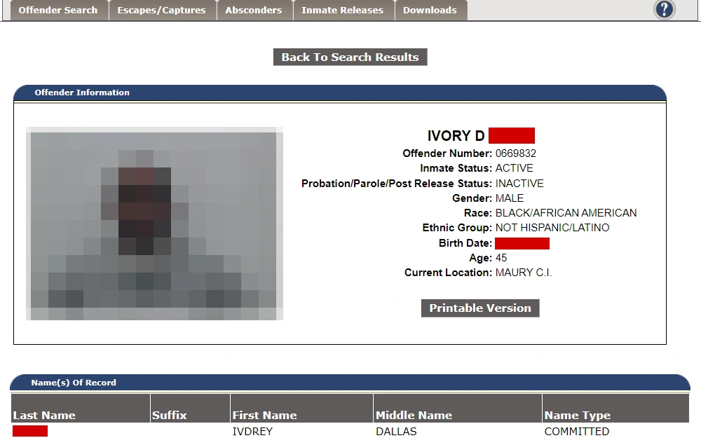 A screenshot from North Carolina Department of Adult Correction shows an inmate's mugshot together with the following information from top to bottom: name, offender number, inmate status, release status, ender, race, ethnic group, birthday, age, and current location; followed by a table containing the other names of the offender on record.