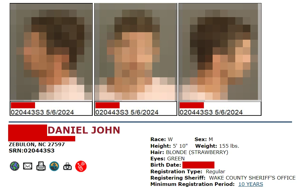 A screenshot of a sex offender's information from the North Carolina State Bureau of Investigation includes his front and side mugshots, name, registration number, address, sex, race, height, weight, hair and eye colors, date of birth, registration type, registering sheriff, and minimum registration period.